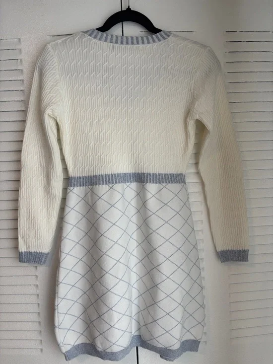 NAIN White Blue Knit Cardigan Dress Button Front Chic Feminine Style - Picture 9 of 16